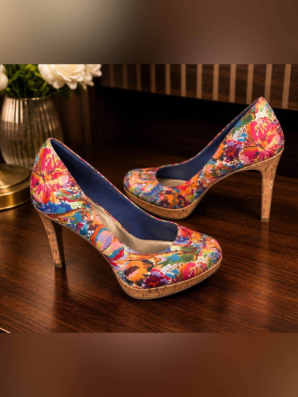 FIONI Clothing Multicolor Floral Cork Platform Pumps